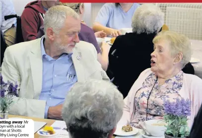  ??  ?? Chatting away Mr Corbyn with a local woman at Shotts Healthy Living Centre