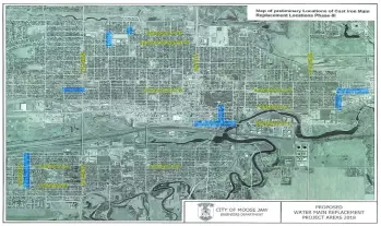  ??  ?? A map of proposed Phase III cast-iron water main replacemen­t for the city of Moose Jaw this summer. All work in all areas is currently in the planning stages, with changes possible if necessary. Submitted photo