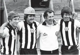  ??  ?? ■ Newcastle United, 1977 – from left Geoff Nulty, Alan Kennedy wearing builder’s helmet, manager Richard Dinnis and Irving Nattrass