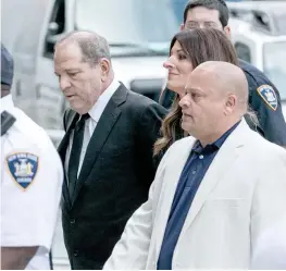  ?? (Jeenah Moon/Reuters) ?? FILM PRODUCER Harvey Weinstein (left) arrives at New York Supreme Court for the arraignmen­t in his sexual assault case in August.