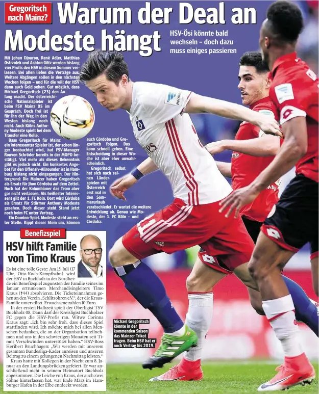  ??  ?? Michael Gregoritsc­h könnte in der kommenden Saison das Mainzer Trikot tragen. Beim HSV hat er noch Vertrag bis 2019.