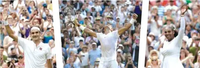  ??  ?? Roger Federer, Rafael Nadal and Serena Williams celebrate their victories in their Wimbledon singles matches Monday.