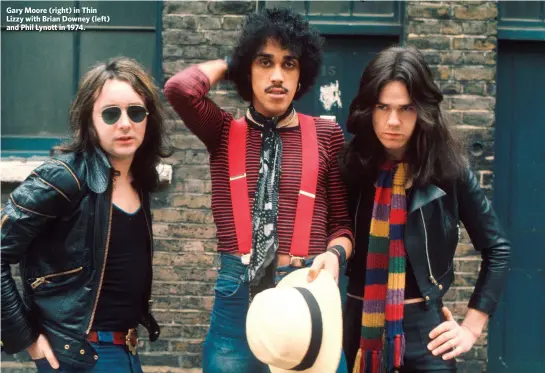  ??  ?? Gary Moore (right) in Thin Lizzy with Brian Downey (left) and Phil Lynott in 1974.