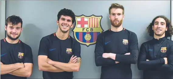  ?? FOTO: FCB ?? José Arnaiz, Carles Aleñá, Adrián Ortolá y Marc Cucurella, los cuatro del Barça B que estarán hoy en Murcia Oriol Busquets, Vitinho y Carles Pérez, que se entrenaron, tendrán que esperar