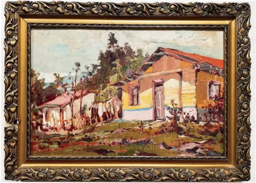  ?? PINCEL PARA LN ?? Óleo sobre tela llamado Casas de Tibás, de Teodorico Quirós. Es una pintura 1946, que mide 42 x 63 cm.