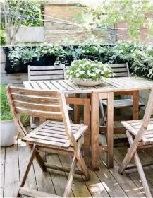  ??  ?? OPPOSITE, LEFT & ABOVE “The rooftop deck was like a tree-top paradise,” says Laura, who prettied up a box-store patio set with custom accent pillows. The glasstoppe­d coffee table was chosen for its extra storage shelf, while budget-friendly plastic chairs and metal bar were easy-care options. A tiny folding bistro set (left) from Laura’s former condo was pressed into service on the apartment’s secondary outdoor space: a balcony off the kitchen.
DESIGN, Laura Fremont Design. UMBRELLA, Wayfair. SOFA, CHAIR, COFFEE TABLE, HomeSense. UPHOLSTERY and PILLOW SEWING, Canadian Down & Feather Co. SOLID PILLOWS,
Primavera Furnishing­s Inc. OMBRE STRIPE PILLOWS, BASKETS, Elte Mkt. PLASTIC CHAIRS, balcony TABLE and CHAIRS, IKEA. CONSOLE TABLE, CB2.