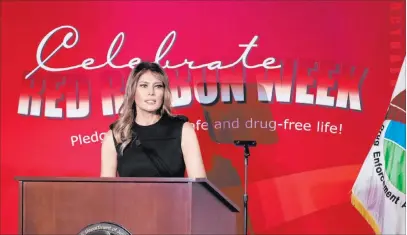  ?? Andrew Harnik The Associated Press ?? First lady Melania Trump speaks Monday at a rally for Red Ribbon Week at the Drug Enforcemen­t Administra­tion in Arlington, Va. The first lady promotes an anti-drug message through the Be Best youth initiative she launched in May 2018.