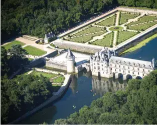  ??  ?? This photograph shows an aerial view of Chateau Chenonceau­x on the River Cher, some 30kms east of Tours.