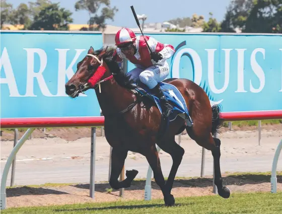  ?? Picture: MIKE BATTERHAM ?? Bold Aurora heads for the finish line in the QTIS Two-Years-Old Colts & Geldings Maiden Plate (900m) on Saturday.