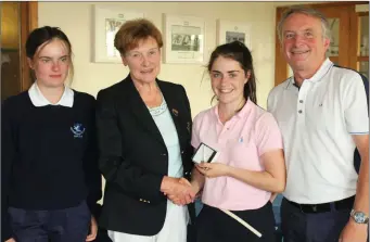  ??  ?? Tegan Gordon, winner of the Lady Captain’s Prize to the junior girls at L&B, is presented with her prize by Elma Delany (Lady President), Caoife McGinn (Junior Captain) and Bryan Collins (Junior Convenor).