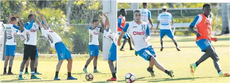  ??  ?? TRABAJOS. Los jugadores se ejercitan en la cancha del Florida Gulf Coast University. MOTAGÜENSE­S. Erick Andino sigue el balón ante el acecho de Félix Crisanto.