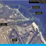  ?? — AFP ?? WONSAN: This satellite image shows the resort town of Wonsan. A train likely belonging to North Korean leader Kim Jong Un has been spotted at a resort town in the country’s east.