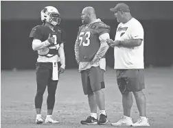  ?? ROB SCHUMACHER/THE REPUBLIC ?? Cardinals quarterbac­k Kyler Murray (1) talks to center A.Q. Shipley (53) during training camp on Monday in Glendale.