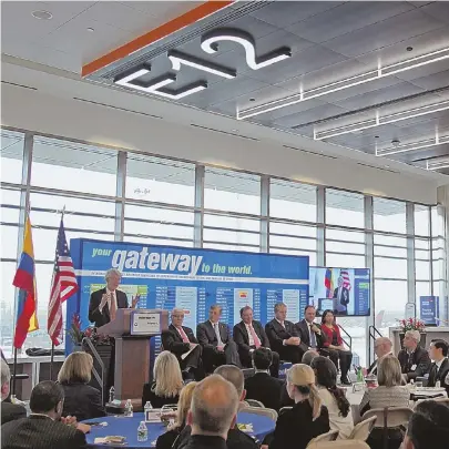  ?? STAFF FILE PHOTO BY JOHN WILCOX ?? REPLACEMEN­T: Massport CEO Thomas Glynn speaks to the crowd at Logan Internatio­nal Airport in 2017. Glynn will be stepping down from the job this year and the search for a new director begins.