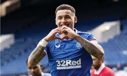  ?? Photograph: Stuart Wallace/BPI/Shuttersto­ck ?? James Tavernier celebrates scoring Rangers’ fourth goal as they hammered Aberdeen at Ibrox.