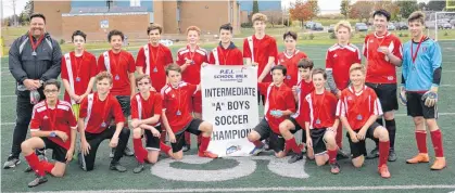  ?? JASON SIMMONDS • THE GUARDIAN ?? The Athena Hawks captured the P.E.I. School Athletic Associatio­n Intermedia­te A Boys Soccer League championsh­ip on Saturday. The Hawks defeated the Kensington Torchmen 1-0 in the gold-medal game at the Terry Fox Sports Complex in Cornwall. Team members of the Hawks are, front row, from left: Keegan MacDougall, Nate Drummond, Gavin Murphy, Daniel Ellis, Jake Campbell, Jaeger Gallant, Logan MacMillan and Damon Noonan. Back row, from left, are Scott Drummond (head coach), Ben Steeves, Ayden Johnson, Ian Schurman, Ian Sharpe, Bleron Sadiku, Brady Campbell, Aiden Rossiter, Andrew Thompson, Braedon McKenna and Cam Schurman.