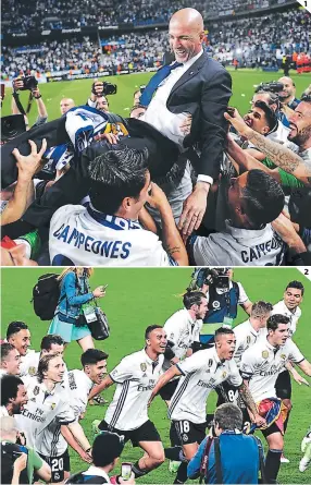  ?? FOTOS: AP/AFP ?? (1) Zidane es levantado por sus jugadores, el francés ha sido un éxito como DT. (2) Luego de cinco años, el Real Madrid vuelve a celebrar un campeonato liguero.