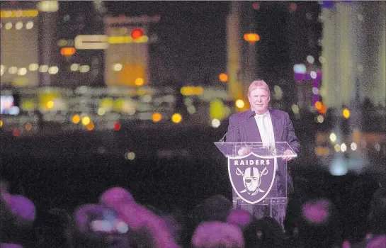  ?? Erik Verduzco ?? Las Vegas Review-journal @Erik_verduzco Raiders owner Mark Davis addresses the audience Monday at the groundbrea­king ceremony for the stadium that will be the team’s new home.