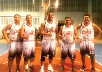  ?? (Jaime Frias II) ?? MJM dribblers celebrate their first win after beating IBP-MisOr Lawyers, 65-56 in the 2018 Travelers Invitation­al Basketball Tournament on Tuesday at 4ID Gym in Brgy Patag here.