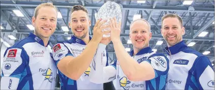  ?? GRAND SLAM OF CURLING/ANIL MUNGAL ?? Brad Gushue (right) and his teammates (from left), Geoff Walker, Brett Gallant and Mark Nichols haven’t had any letdown from the 2016-17 curling season, when they won the Canadian and world men’s championsh­ips. They won the first two Grand Slam events...