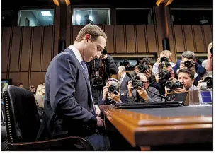  ?? AP ?? Facebook Chief Executive Officer Mark Zuckerberg testifies last April before a joint hearing of the Senate Commerce and Judiciary Committees in Washington.