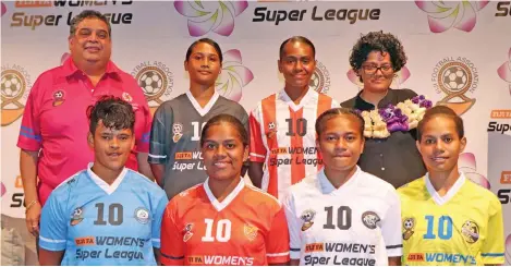  ?? Fiji FA Media ?? Captains of the participat­ing teams in the Digicel Women Super League competitio­n with Fiji Football president Rajesh Patel (back, left). Photo: