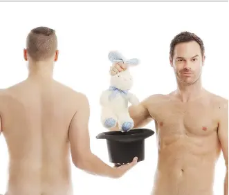  ??  ?? Christophe­r Wayne and Mike Tyler strip away magic stereotype­s as The Naked Magicians.