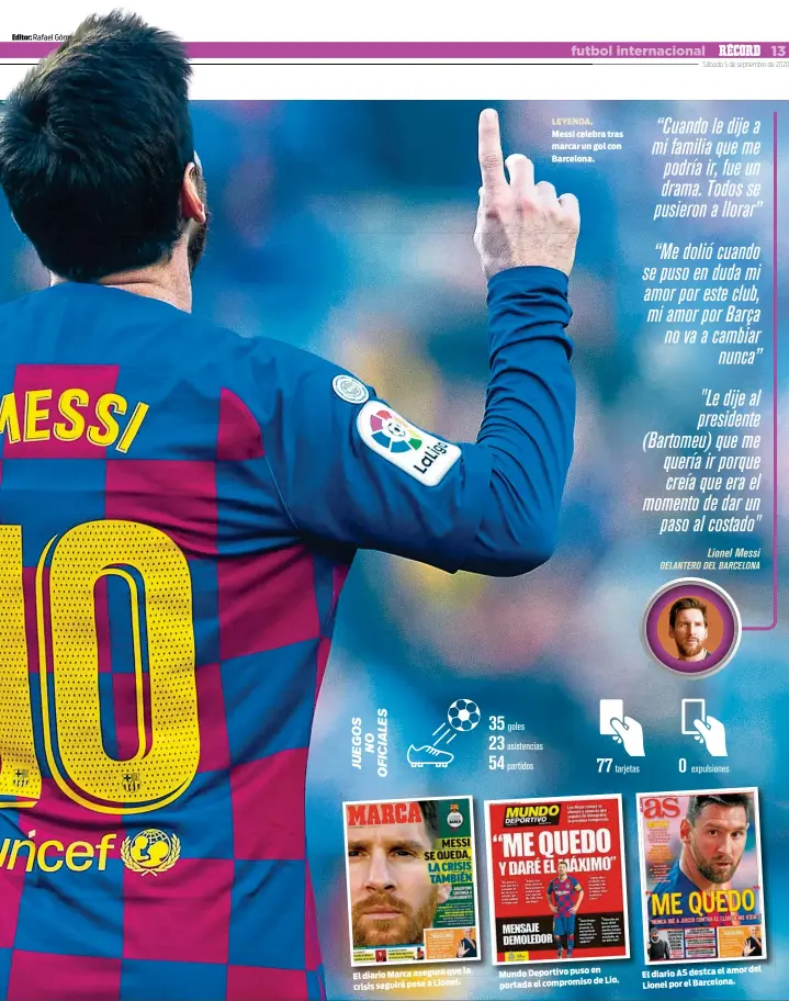  ??  ?? Marca asegura que la El diario crisis seguirá pese a Lionel.
LEYENDA. Messi celebra tras marcar un gol con Barcelona.
en Mundo Deportivo puso
de Lio. portada el compromiso
amor del El diario AS destca el Lionel por el Barcelona.