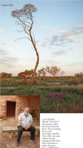  ??  ?? CLOCKWISE FROM TOP LEFT: The entrance to Jam B&B carved into the desert; The surroundin­g desert can be surprising­ly colourful; Trevor Berry has made a life for himself running the Old Timers Mine; Head there to explore the town’s history. OPPOSITE:...