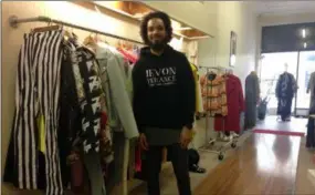  ?? JORDANA JOY — THE MORNING JOURNAL ?? Lorain fashion designer Jevon Terance, in his shop on 615 Broadway in Lorain, is preparing for Street Fashion Week shows on Feb. 16.