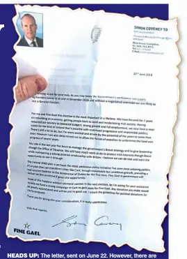  ??  ?? heads up: The letter, sent on June 22. However, there are competing views in FG on whether an election is a good idea