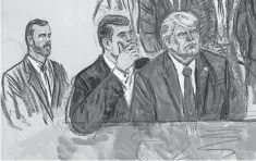  ?? DANA VERKOUTERE­N VIA AP ?? This artist sketch depicts former President Donald Trump, right, conferring with defense lawyer Todd Blanche, center, during his appearance at the Federal Courthouse in Washington on Aug. 3. Special Prosecutor Jack Smith sits at left. Trump pleaded not guilty in Washington's federal court to charges that he conspired to overturn the 2020 election.