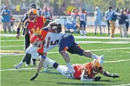  ?? [KEITH MOODY/ARIZONA CHRISTIAN] ?? Langston running back Markel Scott tries to keep his balance in the Lions' season opener last Saturday. After Langston canceled all sports in the fall, the football team played for the first time in 462 days at Arizona Christian.