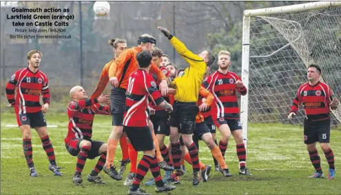  ?? Picture: Andy Jones FM4624041 Buy this picture from kentonline.co.uk ?? Goalmouth action as Larkfield Green (orange) take on Castle Colts