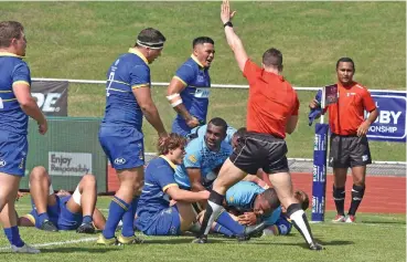  ?? Photo: Waisea Nasokia ?? Fiji Airways Fijian Drua No.8 Johnny Dyer scores a try against Sydney at Churchill Park, Lautoka on September 21, 2019.