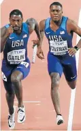  ?? Picture: REUTERS/IBRAHEEM AL OMARI ?? DOING IT FOR AMERICA: Justin Gatlin and Christian Coleman power home in the men’s 4x100m relay final in Doha, Qatar, on Saturday