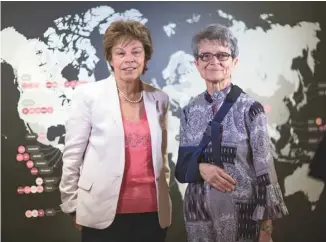  ??  ?? Louise Beaudoin, présidente d’honneur de l’exposition, et Madeleine Juneau, directrice générale du musée, sont toutes deux fascinées par la vision d’éducation de Marguerite Bourgeoys.