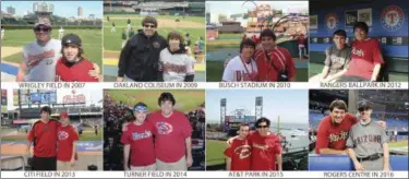  ?? FRANK GENNARIO VIA AP ?? Frank Gennario and his son, Tony, pose at various ballparks. Frank and Tony set a goal to see their beloved Arizona Diamondbac­ks play in every big league park. Ten years later, they have completed their quest.