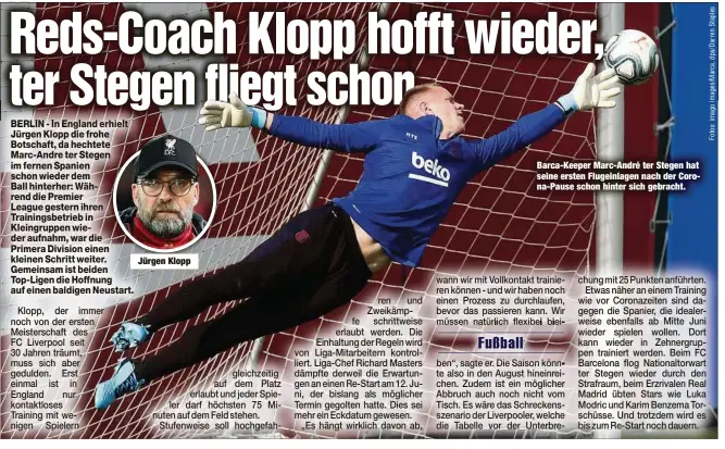  ??  ?? Jürgen Klopp
Barca-Keeper Marc-André ter Stegen hat seine ersten Flugeinlag­en nach der Corona-Pause schon hinter sich gebracht.