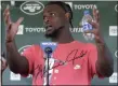  ?? SETH WENIG - THE ASSOCIATED PRESS ?? FILE - In this July 25, 2019, file photo, New York Jets running back Le’Veon Bell speaks to reporters after a practice at the team’s training camp in Florham Park, N.J.