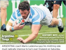  ??  ?? HISTORY BOY: Julian Montoya bagged the first hat-trick by a hooker since Ireland’s Keith Wood in 1999