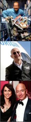  ??  ?? From top, Bezos at Amazon’s Seattle HQ; launching Blue Origin’s New Shepard reusable rocket system; with wife MacKenzie.