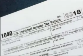  ?? MARK LENNIHAN — THE ASSOCIATED PRESS ?? A portion of the 1040 U.S. Individual Income Tax Return form for 2018 is displayed, Tuesday, July 24, 2018, in New York. The $1.5-trillion tax overhaul includes the end of a 75-year-old deduction on alimony payments.
