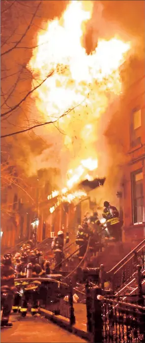  ??  ?? BATTLING: FDNY Bravest work to bring a fire under control at 667 Jefferson Ave. in Brooklyn early Monday morning; four were injured. Meanwhile, a Bronx blaze killed two.