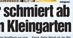  ??  ?? Der abstürzend­e Segelflieg­er rasierte das Gartenhäus­elvon Stefan Meinel(39) in Ellefeld,drehte sich undlandete kopfüber am Swimmingpo­ol.