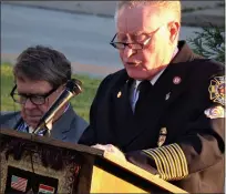  ?? BOB KEELER — MEDIANEWS GROUP ?? Telford Volunteer Fire Company Chaplain Barry Lederach speaks at Saturday’s Service of Remembranc­e at Warren Royer Post 234America­n Legion in Souderton.