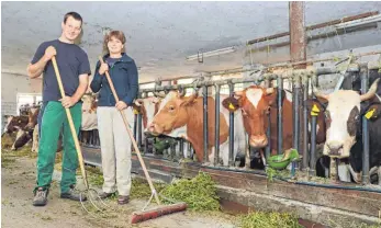  ?? FOTO: ANDREAS SPENGLER ?? Simon Haller und seine Freundin Josepha Mintrop arbeiten zusammen auf dem Hof der Mintrops in Oggelsbeur­en. Für die Zukunft wollen sie jedoch einen eigenen Betrieb.