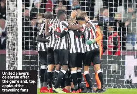  ??  ?? United players celebrate after the game and, top, applaud the travelling fans