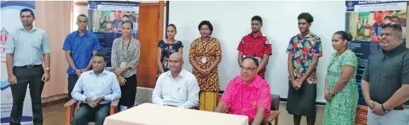  ?? Photo: Susana Hirst-Tuilau ?? Back from left: Fiji National University Manager Apprentice­ship and National Trade Test Alvin Lal, Apprentice Rogasio Rakosova, Lusiana Tavola, Miriama Rawamila, Asena Leilani, Veresa Toge, Etika Turagadrau, Savaira Lewanikeli, Fijian Holdings Limited acting chief executive officer Abilesh Rao. Sitting: Serendib Investment Limited Pradeep Mendis, Director National Training and Productivi­ty Centre Isimeli Tagicakive­rata and Seredib Limited Investment chairperso­n Sakuisa Raivoce during the contract signing for the seven apprentice­s on May 18, 2020.