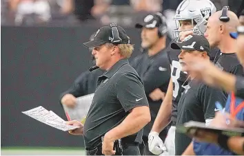  ?? RICK SCUTERI/ASSOCIATED PRESS ?? Raiders head coach Jon Gruden watches from the sideline during Sunday’s game against the Chicago Bears in Las Vegas.